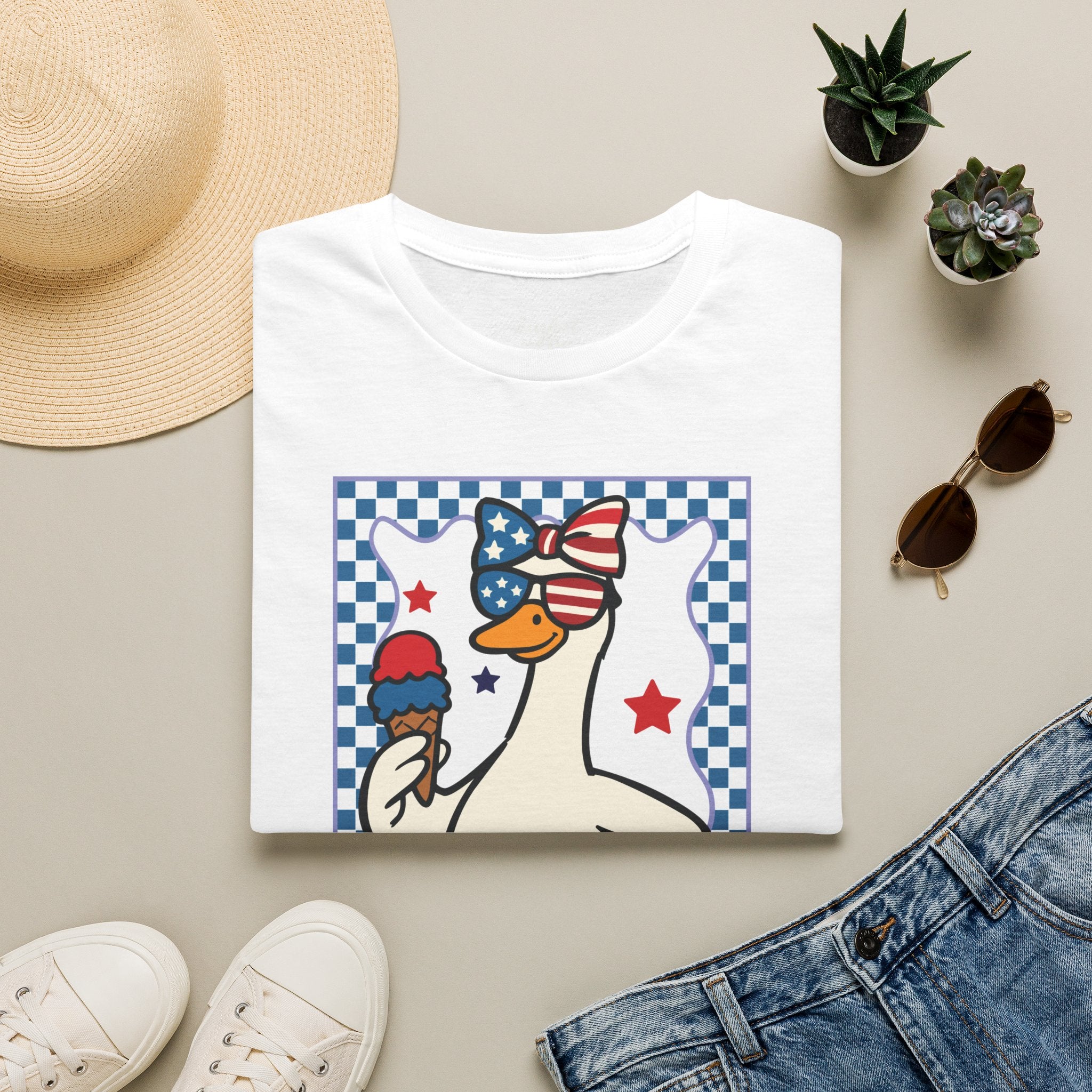 Patriotic Goose with Ice Cream T-Shirt — Fourth of July Cute Americana Tee