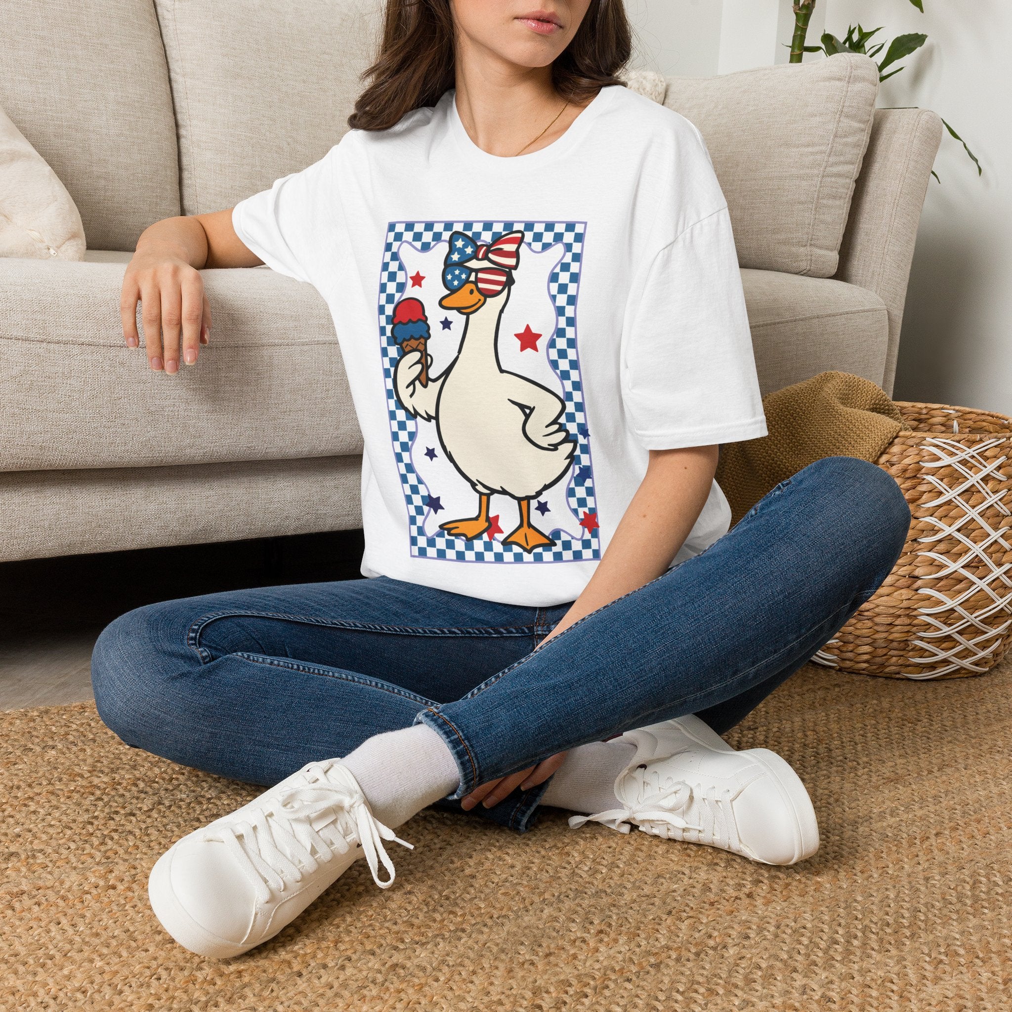 Patriotic Goose with Ice Cream T-Shirt — Fourth of July Cute Americana Tee