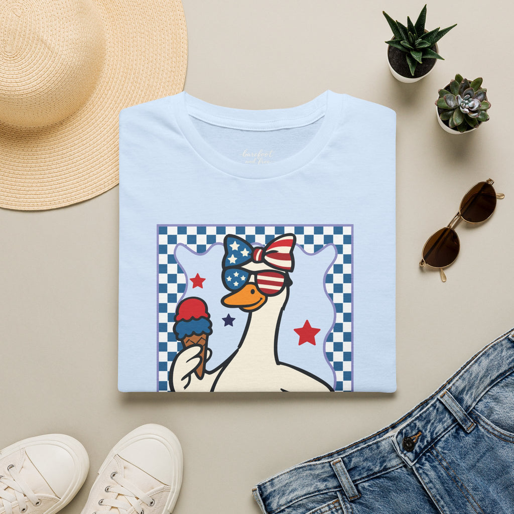 Patriotic Goose with Ice Cream T-Shirt — Fourth of July Cute Americana Tee