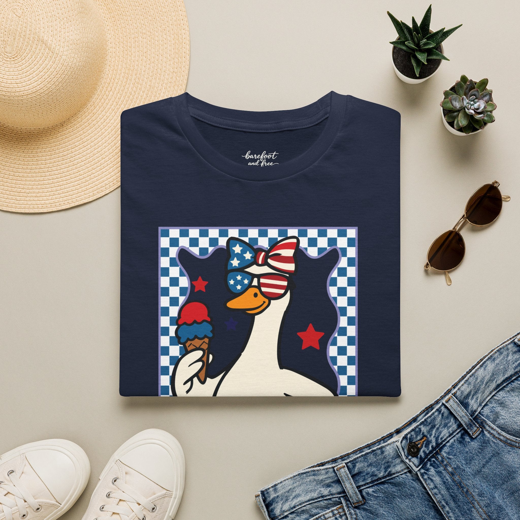 Patriotic Goose with Ice Cream T-Shirt — Fourth of July Cute Americana Tee
