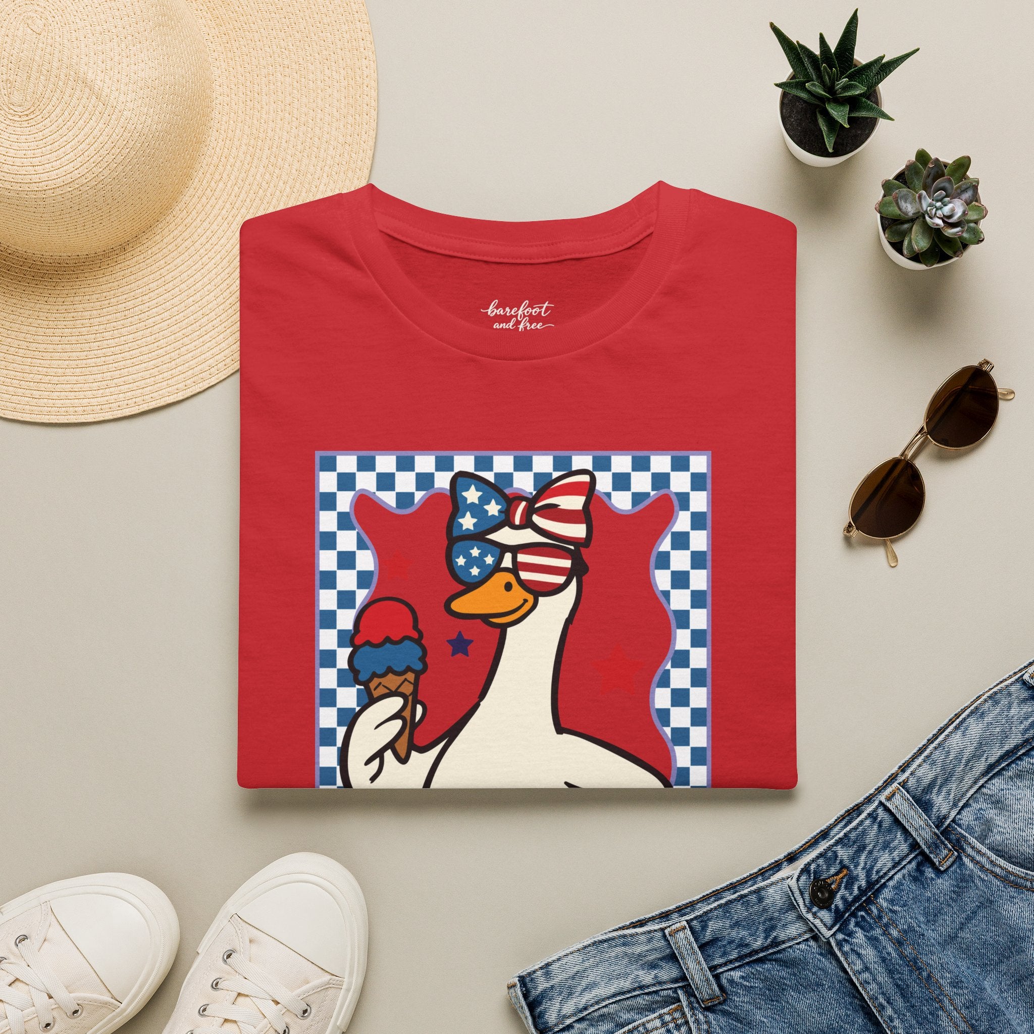 Patriotic Goose with Ice Cream T-Shirt — Fourth of July Cute Americana Tee